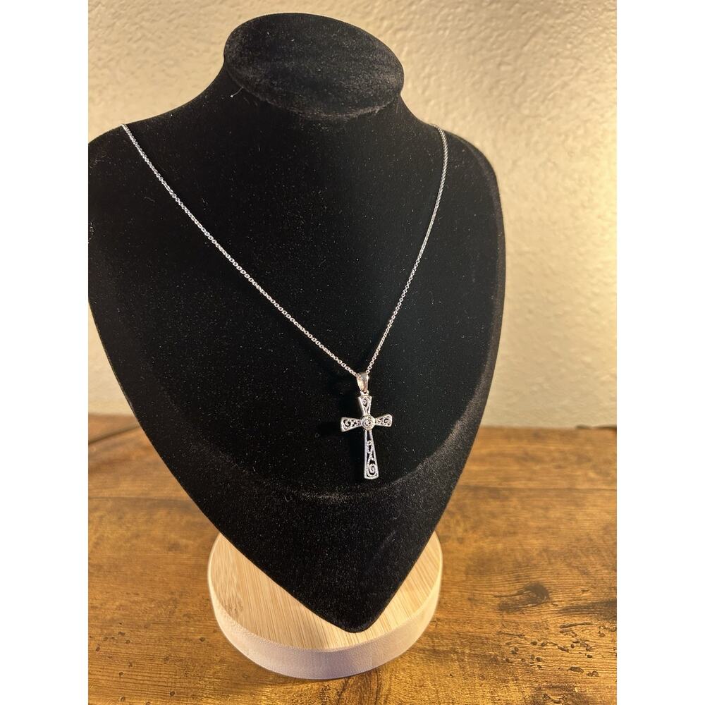 Sterling Silver 925 Filigree Cross Pendant Necklace Dainty Religious 18” Chain